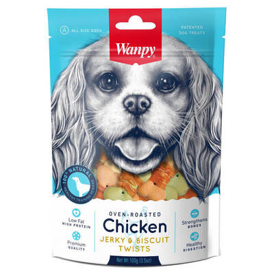 Ласощі для собак Wanpy Chicken Jerky & Biscuit Twists Печиво з в'яленим курячим філе, 100 г