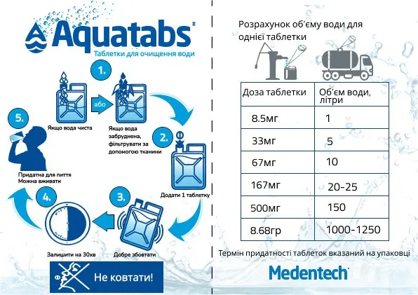 Акватабс Aquatabs 500 мг таблетки для очищення води №6 (на 150 л)