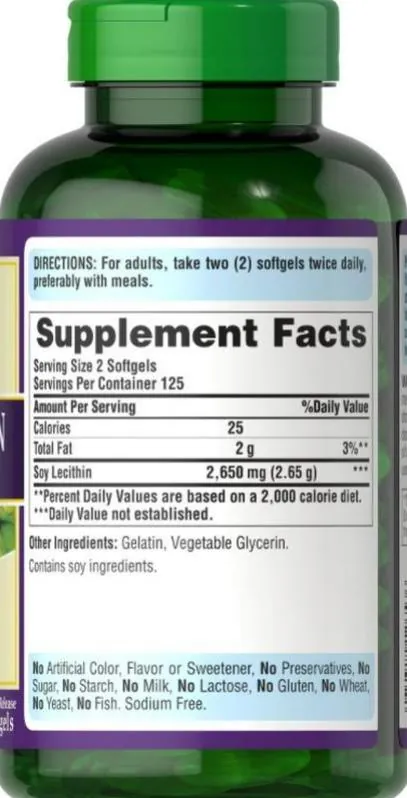 Лецитин соєвий Puritan's Pride Soy Lecithin 1325 мг, 250 капсул