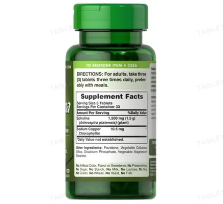Спіруліна Puritan's Pride Spirulina 500 мг, 100 таблеток