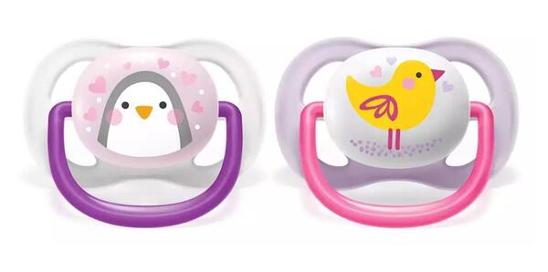 Пустышка силиконовая Philips Avent Ultra Air Animal SCF080/06 ортодонтическая, для девочек, 0-6 месяцев, 2 шт