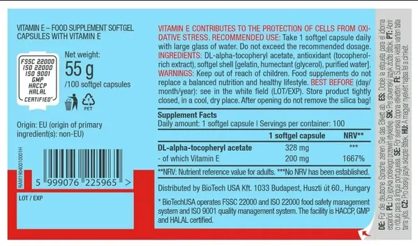 Вітамін E Biotech Vitamin E, 100 капсул