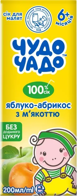 Сік Чудо-Чадо яблучно-абрикосовий з м'якоттю, без цукру, 200 мл