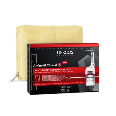 Набір Vichy Dercos Aminexil Clinical 5 (Комплексний засіб проти випадіння волосся для чоловіків, 21 шт х 6 мл + косметичка Vichy)