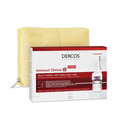 Набір Vichy Dercos Aminexil Clinical 5 (Комплексний засіб для волосся проти випадіння для жінок, 21 шт х 6 мл + косметичка Vichy)
