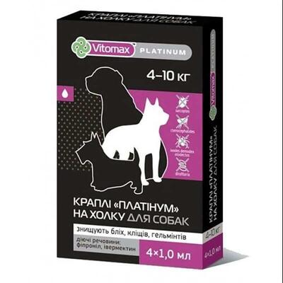 Капли на холку Vitomax Platinum против блох, клещей и гельминтов для собак 4-10 кг по 1 мл, 1 пипетка