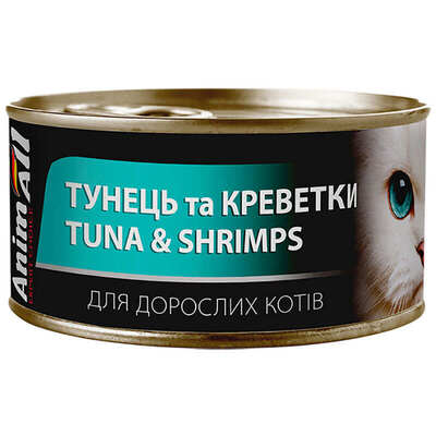 Корм влажный для взрослых кошек AnimAll тунец с креветками, 85 г