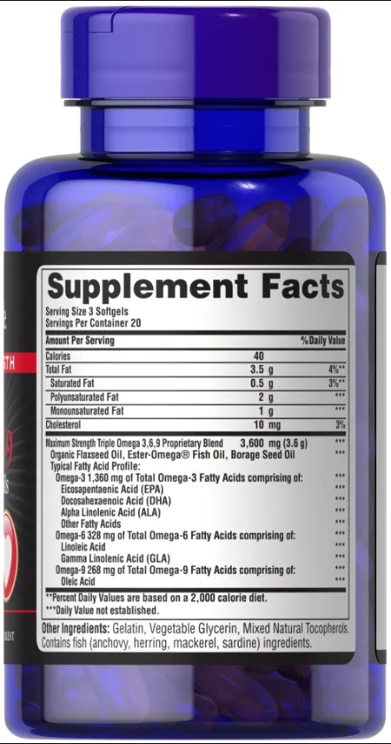 Омега 3-6-9 Puritan's Pride Omega 3-6-9 Triple Maximum Strength 1200 мг, 60 гелевих капсул