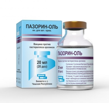 Вакцина Пазорин Оль (ДЛЯ ЖИВОТНЫХ) против пастереллеза кроликов, 20 мл 20 доз