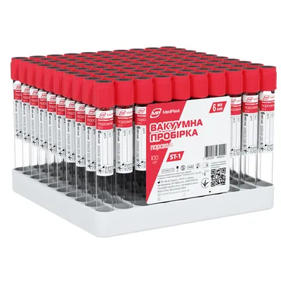 Пробірка вакуумна для забору крові MP MedPlast SТ-1 порожня, стерильна, з червоною кришкою, 13?100 мм, 6 мл, 100 штук