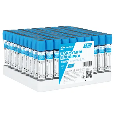 Пробірка вакуумна для забору крові MP MedPlast HT-1 з натрію цитратом 3,8%, стерильна, з блакитною кришкою, 13?75 мм, 2,7 мл, 100 штук