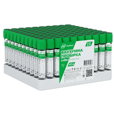 Пробірка вакуумна для забору крові MP MedPlast AT-6 з літію гепарином, стерильна, з зеленою кришкою, 13?75 мм, 2 мл, 100 штук
