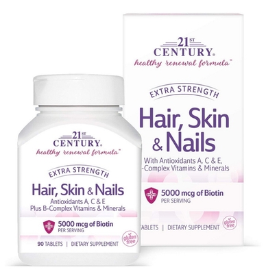 Вітаміни для волосся, шкіри та нігтів 21st Century Health Care Hair, Skin & Nails, 90 таблеток
