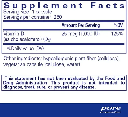 Вітамін D3 Pure Encapsulations Vitamin D3 1000 МО, 250 капсул