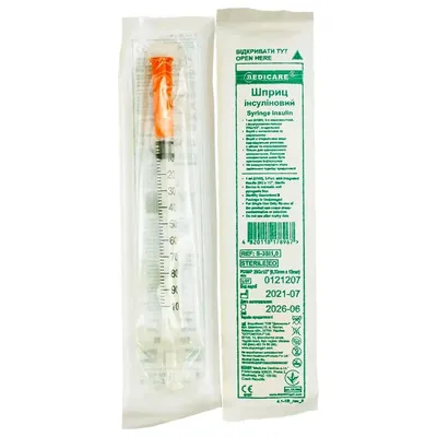 Шприц інсуліновий 1 мл U-100 Medicare Syringe Insulin 3-компонентний з голкою 29G (0,33 х 13 мм), 1 штука
