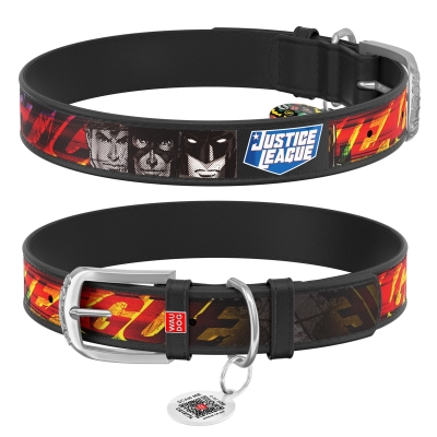 Ошейник для собак Collar WAUDOG Design с QR паспортом, Лига справедливости, кожаный, ширина 25 мм длина 38-49 см, черный