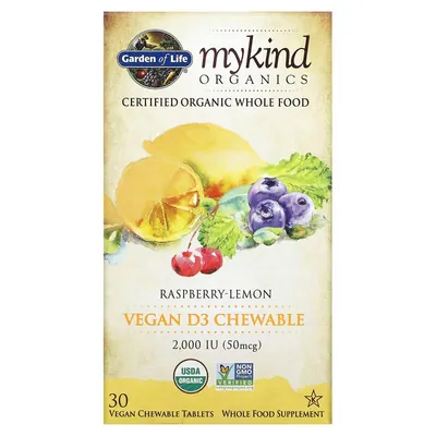 Вітамін D3 2000 МО Garden of Life MyKind Organics малиново-лимонний смак, 30 жувальних веганських таблеток