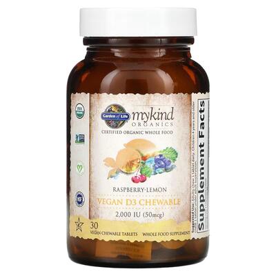 Витамин D3 2000 МЕ Garden of Life MyKind Organics малиново-лимонный вкус, 30 жевательных веганских таблеток