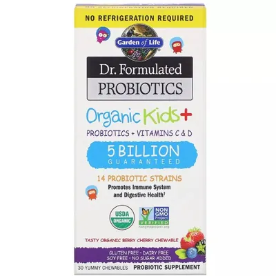 Пробіотики для дітей та Вітаміни C і D Garden of Life Organic Kids + зі смаком ягоди та вишні, 30 жувальних таблеток