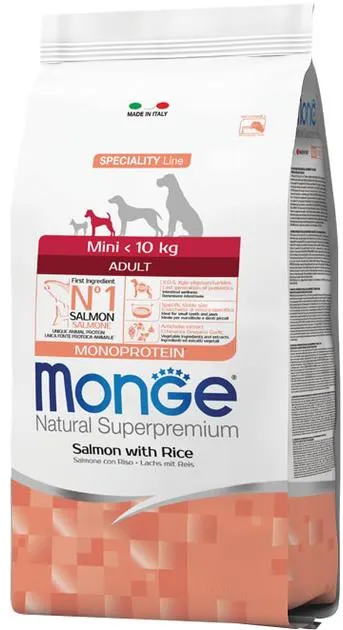 Корм сухий Monge Dog Mini Adult для дорослих собак маленьких порід лосось з рисом, 800 г