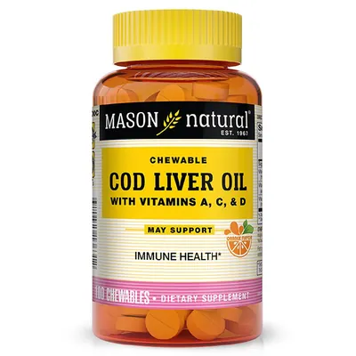 Риб'ячий жир із печінки тріски з вітамінами Mason Natural Cod Liver Oil With Vitamin A, C & D, смак апельсина, 100 жувальних таблеток