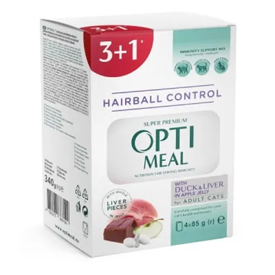 Корм вологий для кішок Optimeal Hairball Control для виведення шерсті з качкою і печінкою, 340 г (4х85 г)