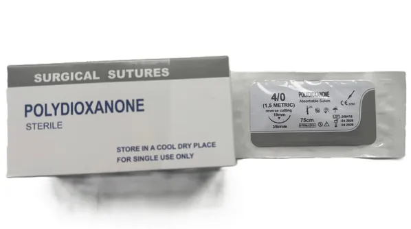 Шовний матеріал хірургічний Sheenrise Polydioxanone USP 4/0 (ЕР 1,5), що розсмоктується довжина 75 см, зворотньо-ріжуча голка 19 мм, 3/8 кола