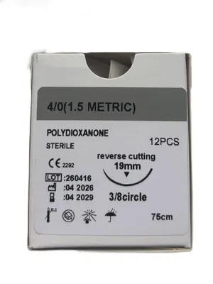 Шовний матеріал хірургічний Sheenrise Polydioxanone USP 4/0 (ЕР 1,5), що розсмоктується довжина 75 см, зворотньо-ріжуча голка 19 мм, 3/8 кола