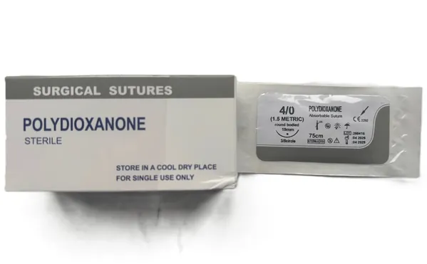 Шовний матеріал хірургічний Sheenrise Polydioxanone USP 4/0 (ЕР 1,5), що розсмоктується довжина 75 см, колюча голка 19 мм, 3/8 кола