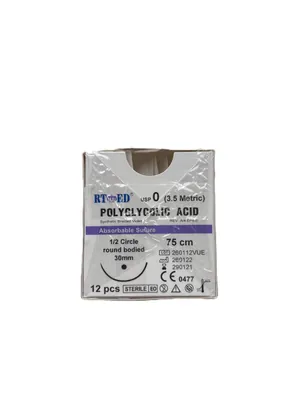 Шовний матеріал хірургічний Rtmed Polyglycolic Acid USP 0 (ЕР 3,5), що розсмоктується довжина 75 см, колюча голка 30 мм, 1/2 кола