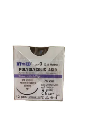 Шовний матеріал хірургічний Rtmed Polyglycolic Acid USP 0 (ЕР 3,5), що розсмоктується довжина 75 см, зворотньо-ріжуча голка 30 мм, 3/8 кола