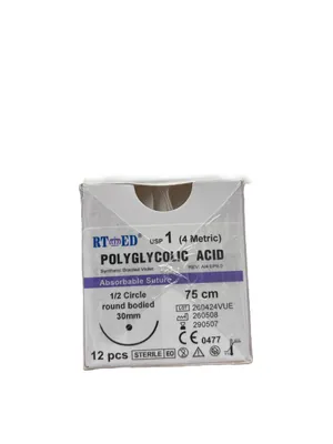 Шовний матеріал хірургічний Rtmed Polyglycolic Acid USP 1 (ЕР 4), що розсмоктується довжина 75 см, колюча голка 30 мм, 1/2 кола