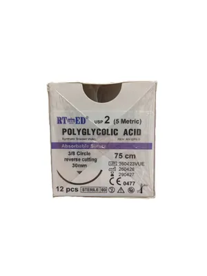 Шовний матеріал хірургічний Rtmed Polyglycolic Acid USP 2 (ЕР 5), що розсмоктується довжина 75 см, звортньо-ріжуча голка 40 мм, 3/8 кола