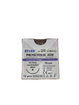 Шовний матеріал хірургічний Rtmed Polyglycolic Acid USP 2/0 (ЕР 3), що розсмоктується довжина 75 см, колюча голка 30 мм, 1/2 кола