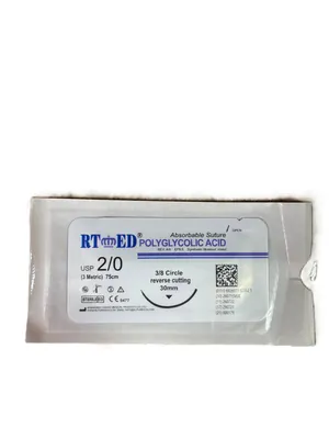 Шовний матеріал хірургічний Rtmed Polyglycolic Acid USP 2/0 (ЕР 3), що розсмоктується довжина 75 см, зворотньо-ріжуча голка 30 мм, 3/8 кола