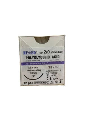 Шовний матеріал хірургічний Rtmed Polyglycolic Acid USP 2/0 (ЕР 3), що розсмоктується довжина 75 см, зворотньо-ріжуча голка 30 мм, 3/8 кола