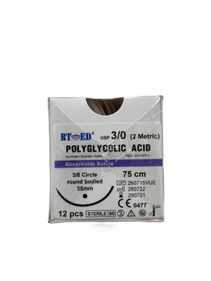 Шовний матеріал хірургічний Rtmed Polyglycolic Acid USP 3/0 (ЕР 2), що розсмоктується довжина 75 см, колюча голка 30 мм, 3/8 кола