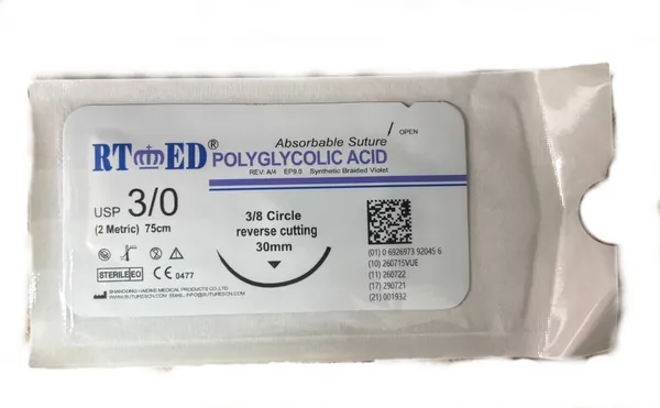 Шовний матеріал хірургічний Rtmed Polyglycolic Acid USP 3/0 (ЕР 2), що розсмоктується довжина 75 см, зворотньо-ріжуча голка 30 мм, 3/8 кола
