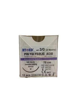 Шовний матеріал хірургічний Rtmed Polyglycolic Acid USP 3/0 (ЕР 2), що розсмоктується довжина 75 см, зворотньо-ріжуча голка 30 мм, 3/8 кола
