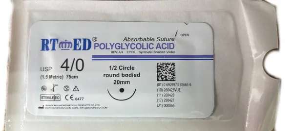 Шовний матеріал хірургічний Rtmed Polyglycolic Acid USP 4/0 (ЕР 1,5), що розсмоктується довжина 75 см, колюча голка 20 мм, 1/2 кола