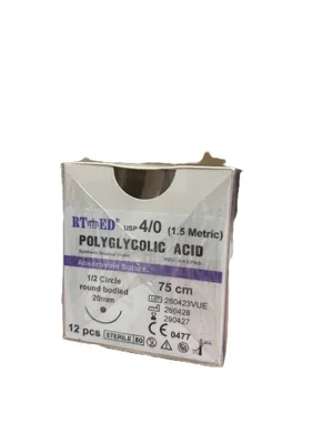 Шовний матеріал хірургічний Rtmed Polyglycolic Acid USP 4/0 (ЕР 1,5), що розсмоктується довжина 75 см, колюча голка 20 мм, 1/2 кола