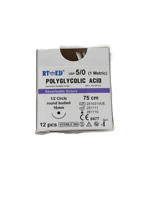 Шовний матеріал хірургічний Rtmed Polyglycolic Acid USP 5/0 (ЕР 1), що розсмоктується довжина 75 см, колюча голка 16 мм, 1/2 кола