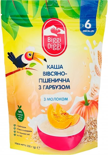 Каша молочная Biggi Diggi быстрорастворимая овсяно-пшеничная с тыквой для детей с 6 месяцев, 200 г