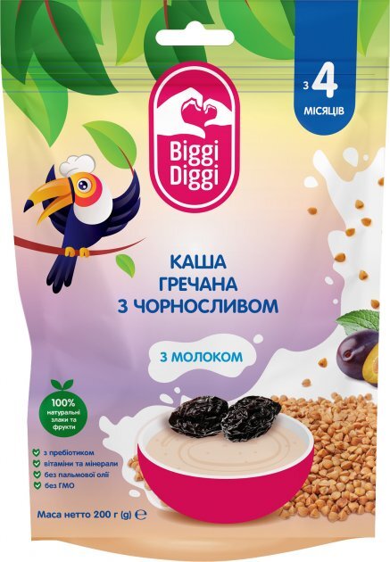 Каша молочная Biggi Diggi быстрорастворимая гречневая с черносливом для детей с 4 месяцев, 200 г