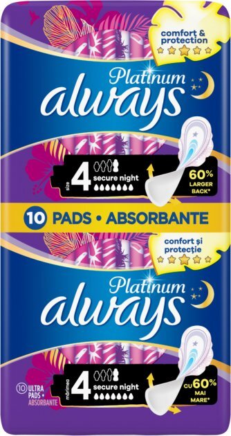 Прокладки гигиенические Always Platinum Secure Night, 6 капель, 4 размер, 10 шт