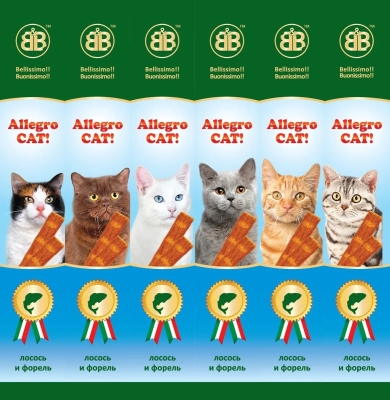 Ласощі жувальні для кішок B&B Allegro Cat ковбаски лосось та форель 6 штук по 5 г