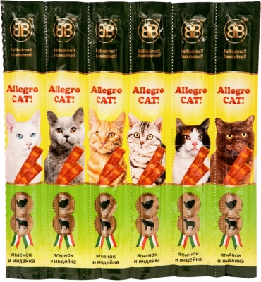 Ласощі жувальні для кішок B&B Allegro Cat ковбаски ягня та індичка, 6 штук по 5 г