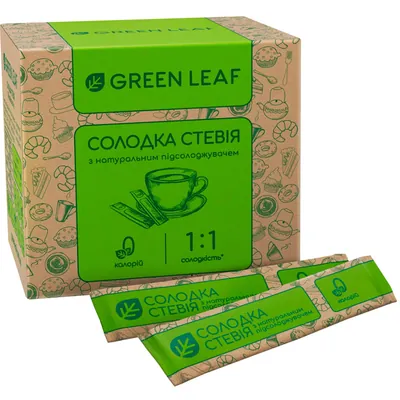 Солодка стевія Green Leaf 1:1 з натуральним підсолоджувачем, 50 штук у стіках