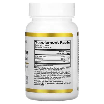 Бенфотіамін та альфа-ліпоєва кислота California Gold Nutrition Benfotiamine + Alpha Lipoic Acid вег. капсули №30