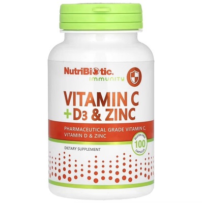 Витамины C + D3 и цинк NutriBiotic Immunity Vitamin C + D3 & Zinc, 100 капсул